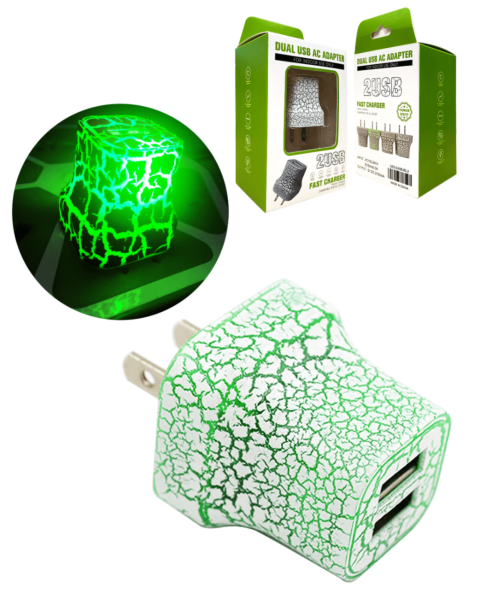 LED Light Up 2-USB Port Wall Charger Power Adapter (GREEN)