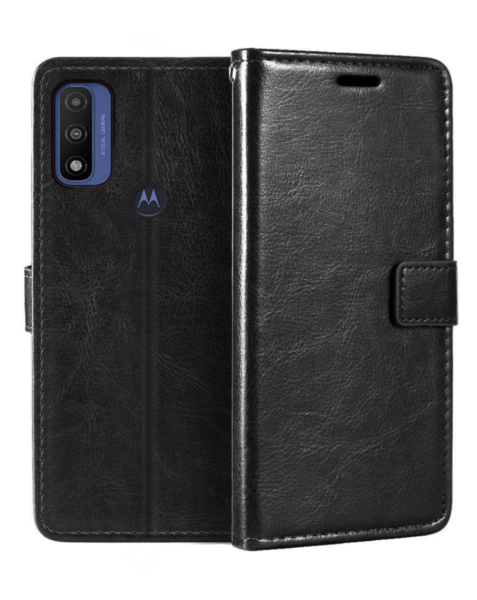 Moto G Pure Leather Wallet Case with Card Slot - BLACK