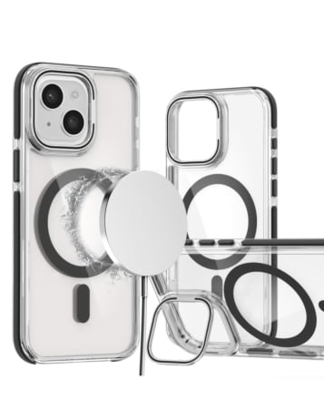 Thin Magnetic Clear Case w/ Camera Stand Kickstand - GRAY for iPhone 16e / 14 / 13 (Only Ground Shipping)