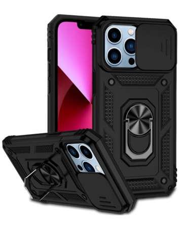 Dual Layers Hybrid Case with Metal Ring And Camera Protector - BLACK for iPhone 14 Pro (Only Ground Shipping)