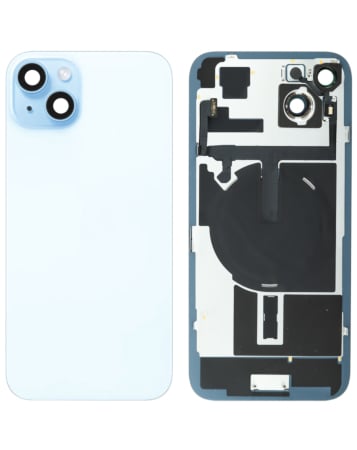 Stock up on the Back Glass in blue with no logo, complete with Frame, Wireless NFC Charging Flex, and MagSafe Magnet for iPhone 15 Plus.
