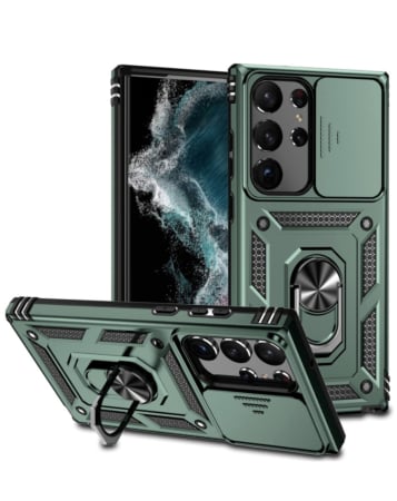 Galaxy S22 Ultra / S23 Ultra Dual Layers Hybrid Case w/Metal Ring And Camera Protector - DARK GREEN (Only Ground Shipping)