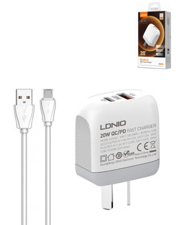 LDNIO A2316C PD+QC3.0 USB A+C Wall Charger with USB A-M Cable (3ft) (20W) (Only Ground Shipping)