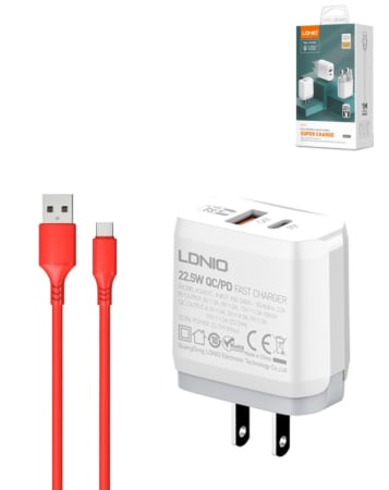 LDNIO A2421C QC3.0+PD USB A+C Wall Charger with USB A-C Cable (22W) (3ft) (Only Ground Shipping)