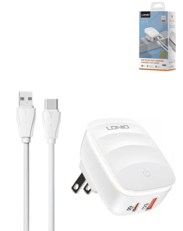 LDNIO A2425C QC3.0+PD Lamp USB A+C Wall Charger with USB A-C Cable (20W) (3ft) (Only Ground Shipping)