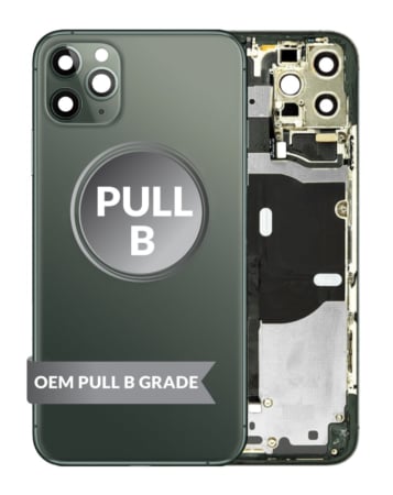 Stock up on the Back Housing Frame in Midnight Green, OEM Pull B Grade, with small components pre-installed for iPhone 11 Pro Max.