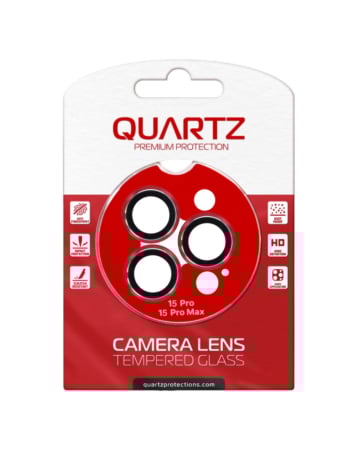 Buy the QUARTZ HD Tempered Glass with Metal Ring for iPhone 15 Pro and 15 Pro Max Back Camera in red.