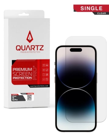 Purchase the QUARTZ Clear Tempered Glass for iPhone 15 and 15 Pro, One Pack.