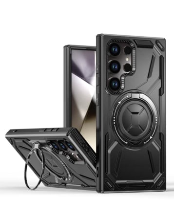 Full-Body Rugged Shockproof Case w/Built-in Ring Holder - BLACK for Galaxy S23 Ultra (Only Ground Shipping)