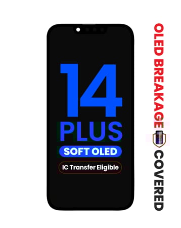 Stock up on the OLED assembly for the iPhone 14 Plus — aftermarket QV8 (soft), IC transfer eligible, with exclusive OLED breakage warranty.