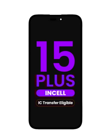 Stock up on the LCD assembly for iPhone 15 Plus — aftermarket Incell QV7, IC transfer eligible.