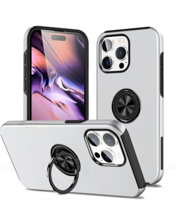 Dual Layer Case with Magnetic Ring - SILVER for iPhone 15 Pro Max (Only Ground Shipping)