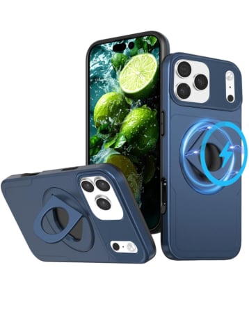 Ring Stand Case & Camera Lens Sliding Cover - BLUE for iPhone 17 Pro Max (Only Ground Shipping)