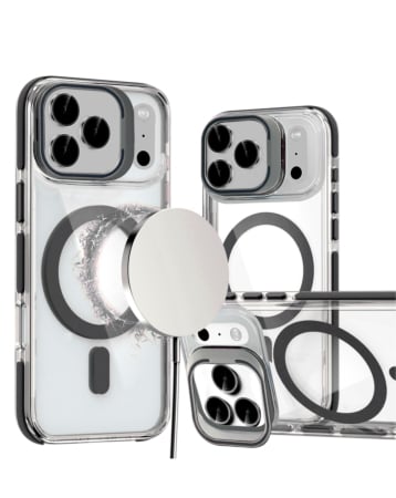 Thin Magnetic Clear Case w/ Camera Stand Kickstand - BLACK for iPhone 17 Pro Max (Only Ground Shipping)