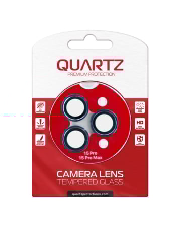 Purchase the QUARTZ HD Tempered Glass with Metal Ring for iPhone 15 Pro and 15 Pro Max Back Camera in blue.