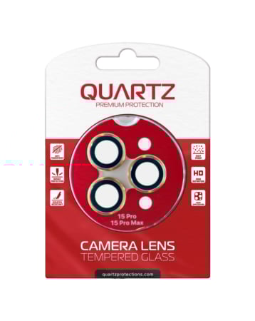 Grab the wholesale deals on the QUARTZ HD Tempered Glass with Metal Ring for iPhone 15 Pro and 15 Pro Max Back Camera in gold.