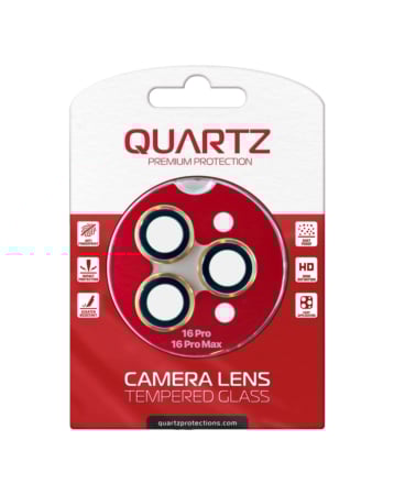 Purchase the Quartz HD Tempered Glass with Metal Ring in Gold for iPhone 16 Pro and 16 Pro Max Back Camera.