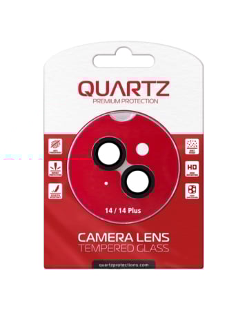 Purchase the QUARTZ HD tempered glass for the iPhone 14 or 14 Plus back camera — in Black, with glitter diamond camera lens.