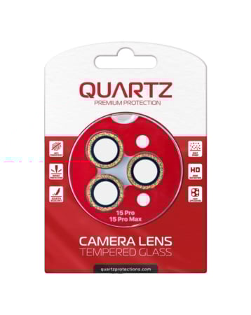 Grab the wholesale deals on the QUARTZ HD Tempered Glass in gold with glitter diamond camera lens for iPhone 15 Pro and 15 Pro Max back camera.