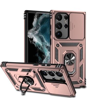 Galaxy S22 Ultra / S23 Ultra Dual Layers Hybrid Case w/Metal Ring And Camera Protector - ROSE GOLD (Only Ground Shipping)