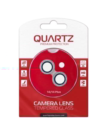 Buy the QUARTZ HD Tempered Glass with Glitter Diamond Camera Lens for iPhone 14 and 14 Plus Back Camera in white.
