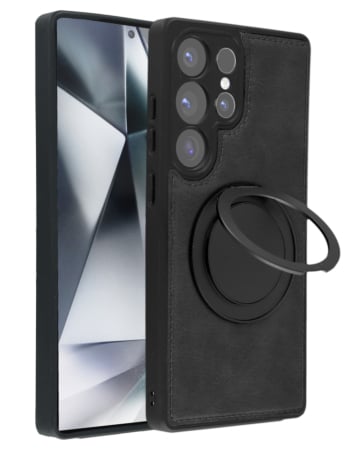 Slim Leather Case w/ Wireless Charging Kickstand - BLACK for Galaxy S23 Ultra (Only Ground Shipping)