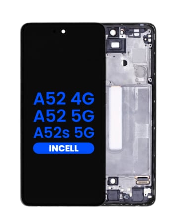 Buy the LCD Assembly in Awesome Black, Aftermarket Incell, with Frame for Galaxy A52 4G model A525 from 2021, A52 5G model A526 from 2021, and A52s 5G model A528 from 2021, without Fingerprint Sensor.