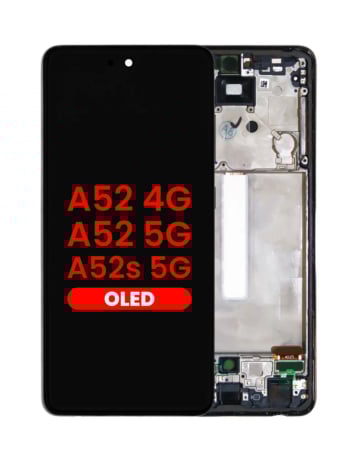 Grab the wholesale deals on the OLED Assembly with Frame in Awesome Black, Aftermarket OLED, for Galaxy A52 4G model A525 from 2021, A52 5G model A526 from 2021, and A52s 5G model A528 from 2021.