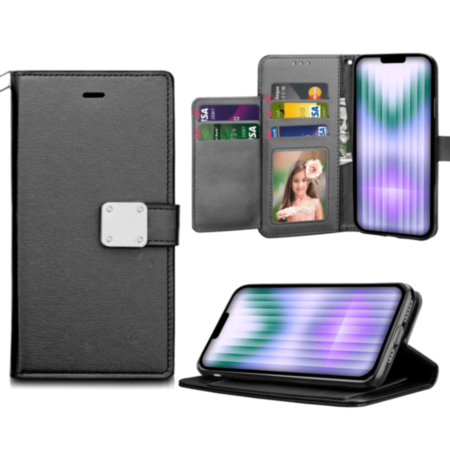 iPhone 14 Plus / 15 Plus Elegant Leather Wallet Case - BLACK (Only Ground Shipping)