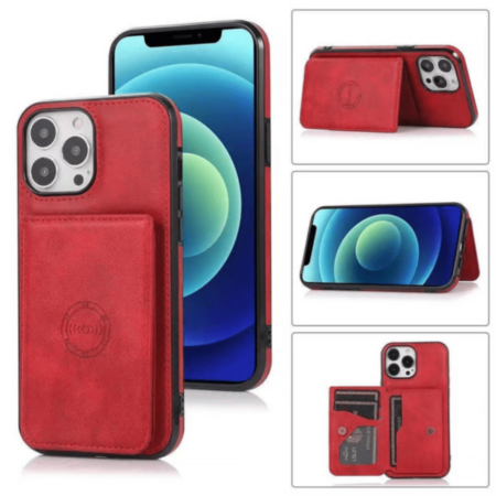 Leather Pocket Wallet Case - RED for iPhone 14 Pro Max (Only Ground Shipping)