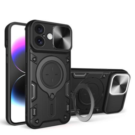 iPhone 16 Dual Layers Hybrid Case with Metal Ring And Camera Protector - BLACK (Only Ground Shipping)