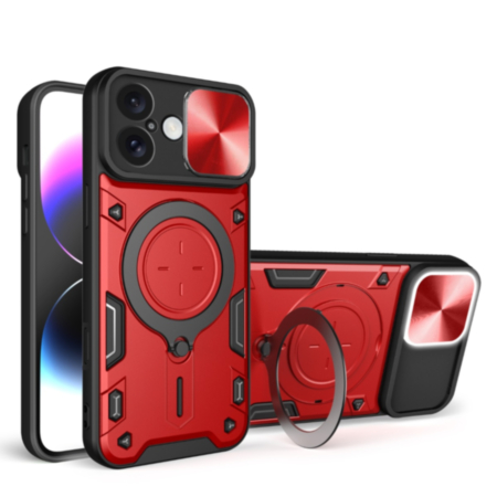 iPhone 16 Dual Layers Hybrid Case with Metal Ring And Camera Protector - RED (Only Ground Shipping)