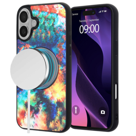 Printing Design Wireless Charging Case - COLORFUL - BLACK for iPhone 16 Plus (Only Ground Shipping)