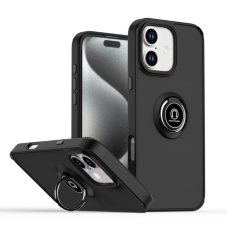 iPhone 16 Plus Hard PC Rear / Soft TPU Colorful Border Case with I - ring Holder - BLACK (Only Ground Shipping)