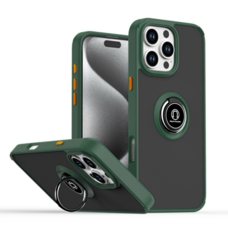 Hard PC Rear / Soft TPU Colorful Border Case with I-ring Holder - DARK GREEN for iPhone 16 Pro (Only Ground Shipping)