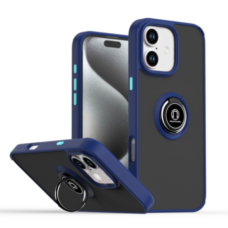 iPhone 16 Plus Hard PC Rear / Soft TPU Colorful Border Case with I - ring Holder - NAVY BLUE (Only Ground Shipping)