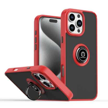 Hard PC Rear / Soft TPU Colorful Border Case with I-ring Holder - RED for iPhone 16 Pro (Only Ground Shipping)