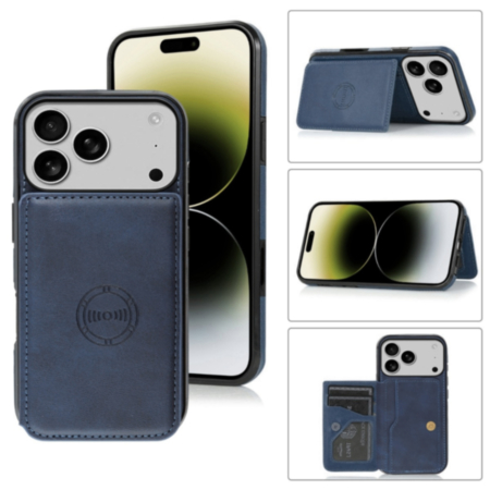 Leather Pocket Wallet Case for iPhone 17 Pro Max / 18 Pro Max (BLUE) (Only Ground Shipping)