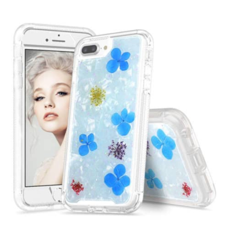 New Desing Real Dried Flower Shiny Case - LIGHT BLUE for iPhone 8P / 7P / 6SP / 6P (Only Ground Shipping)