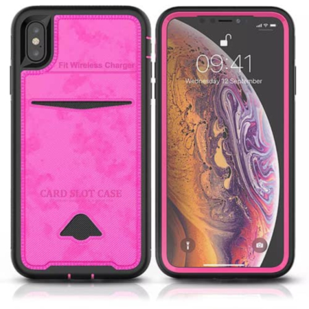 Leather Card Slots Wallet 2in Hybrid Case - HOT PINK for iPhone XR (Only Ground Shipping)