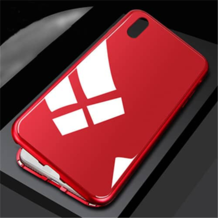 Ultra Slim Magnet Protective Case with Metal Frame Tempered Glass Back - FULL RED for iPhone XR (Only Ground Shipping)