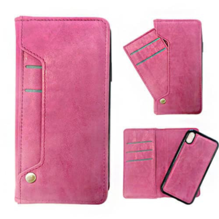 Genuine Leather Magnetic Wallet Case with Credit Card Slot - HOT PINK for iPhone XR (Only Ground Shipping)