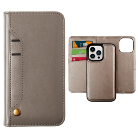 Genuine Leather Magnetic Wallet Case with Credit Card Slot - GRAY for iPhone 13 Pro (Only Ground Shipping)