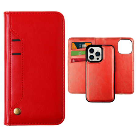 Genuine Leather Magnetic Wallet Case with Credit Card Slot - RED for iPhone 13 Pro (Only Ground Shipping)