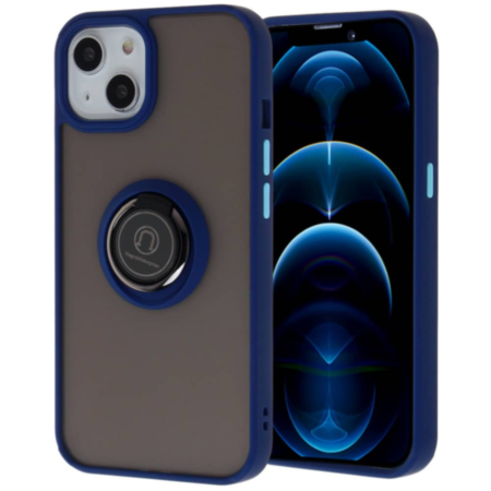 Hard PC Rear / Soft TPU Colorful Border Case with I-ring Holder - NAVY BLUE for iPhone 13 Pro (Only Ground Shipping)