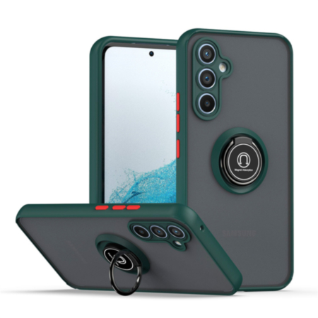 Galaxy S24FE Hard PC Rear / Soft TPU Colorful Border Case with I - ring Holder - DARK GREEN (Only Ground Shipping)