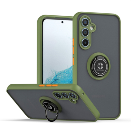 Galaxy S24FE Hard PC Rear / Soft TPU Colorful Border Case with I - ring Holder - NAVY GREEN (Only Ground Shipping)