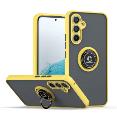 Galaxy S24FE Hard PC Rear / Soft TPU Colorful Border Case with I - ring Holder - YELLOW (Only Ground Shipping)
