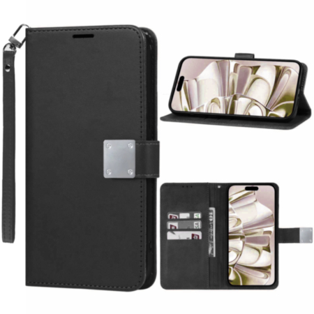 Elegant Leather Wallet Case with Wristlet Strap - BLACK for Galaxy S25E (Only Ground Shipping)