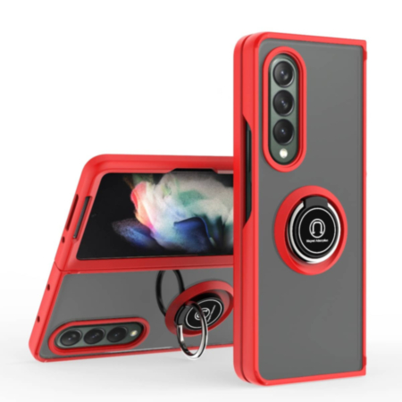 Galaxy Z Fold 4 Hard PC Rear / Soft TPU Colorful Border Case with I - ring Holder - RED (Only Ground Shipping)